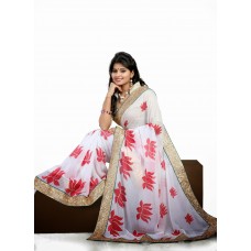 Triveni Striking Off White Colored Border Worked Chiffon Saree